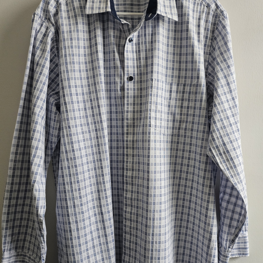 Tasso Elba Men's White and Blue Plaid Shirt